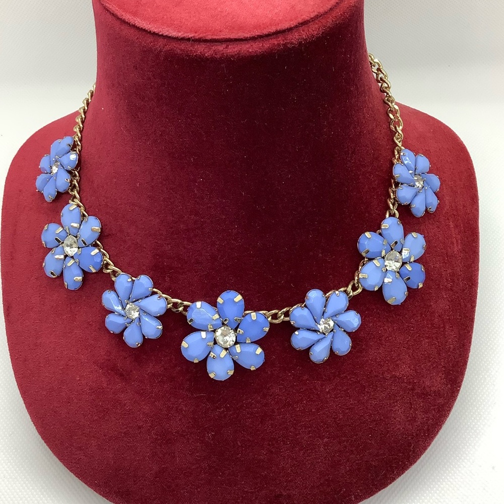 Blue Flower Statement Necklace yellow Gold Tone